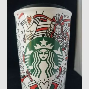 New STARBUCKS Christmas Holiday Ceramic Travel Tumbler Mug Cup 12 oz Coffee 2017